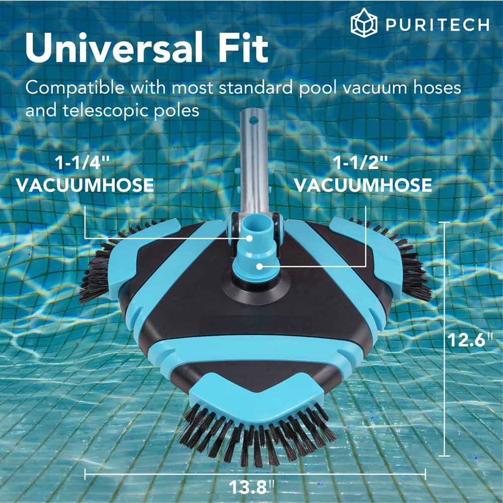 Puri Tech Heavy Duty Pool Vacuum Head, Weighted Vinyl Safe Triangle Base, Side Brushes, 360° Swivel, Universal Fit
