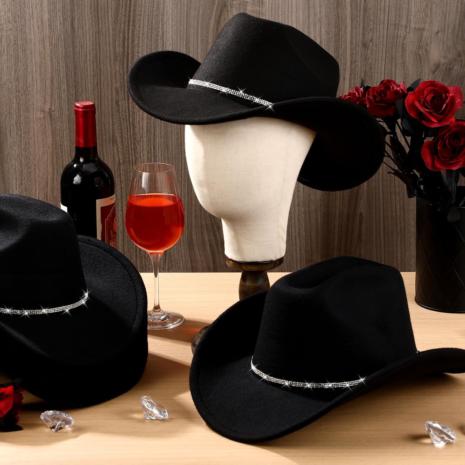 Hercicy 6 Pack Western Cowboy Hats with Rhinestone Tassel Bands Sequin Trim Sparkly Cowgirl Party Hats for Adults Women Men image 4