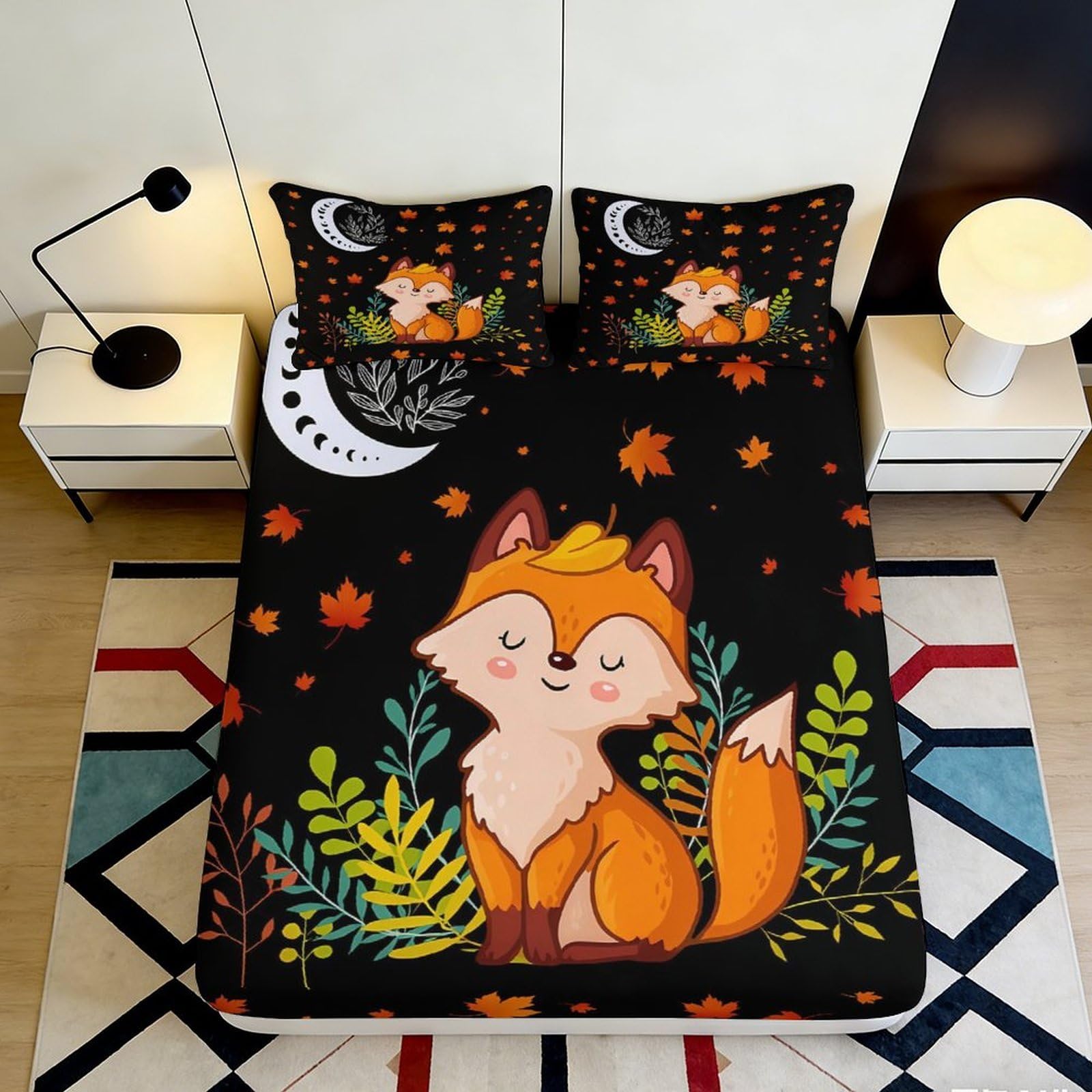 3D Printed Fox Forest Fitted Sheet Microfiber Soft Breathable Autumn Leaves Bed Cover for Bedroom Guest Room Decor 90x200x25cm