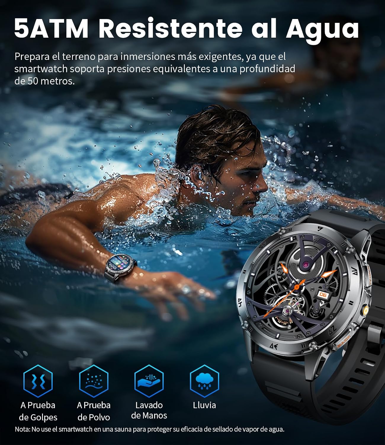 Reloj Inteligente Hombre con Llamadas Bluetooth, Pantalla HD Amoled 1.43″, Smartwatch Hombre Dotado de Cardio, Sueño, SpO2, 110+ Deportes, IP68, Android/iOS 5