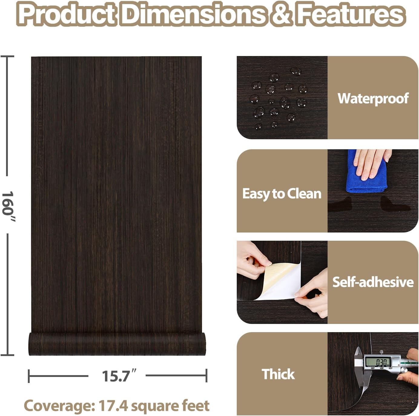 Dark Brown Wood Contact Paper Waterproof Removable Textured Faux Wood Wallpaper 15.7"x160" Self Adhesive Thick Brown Contact Paper Peel and Stick Countertops for Kitchen Wall Shelf Table Top