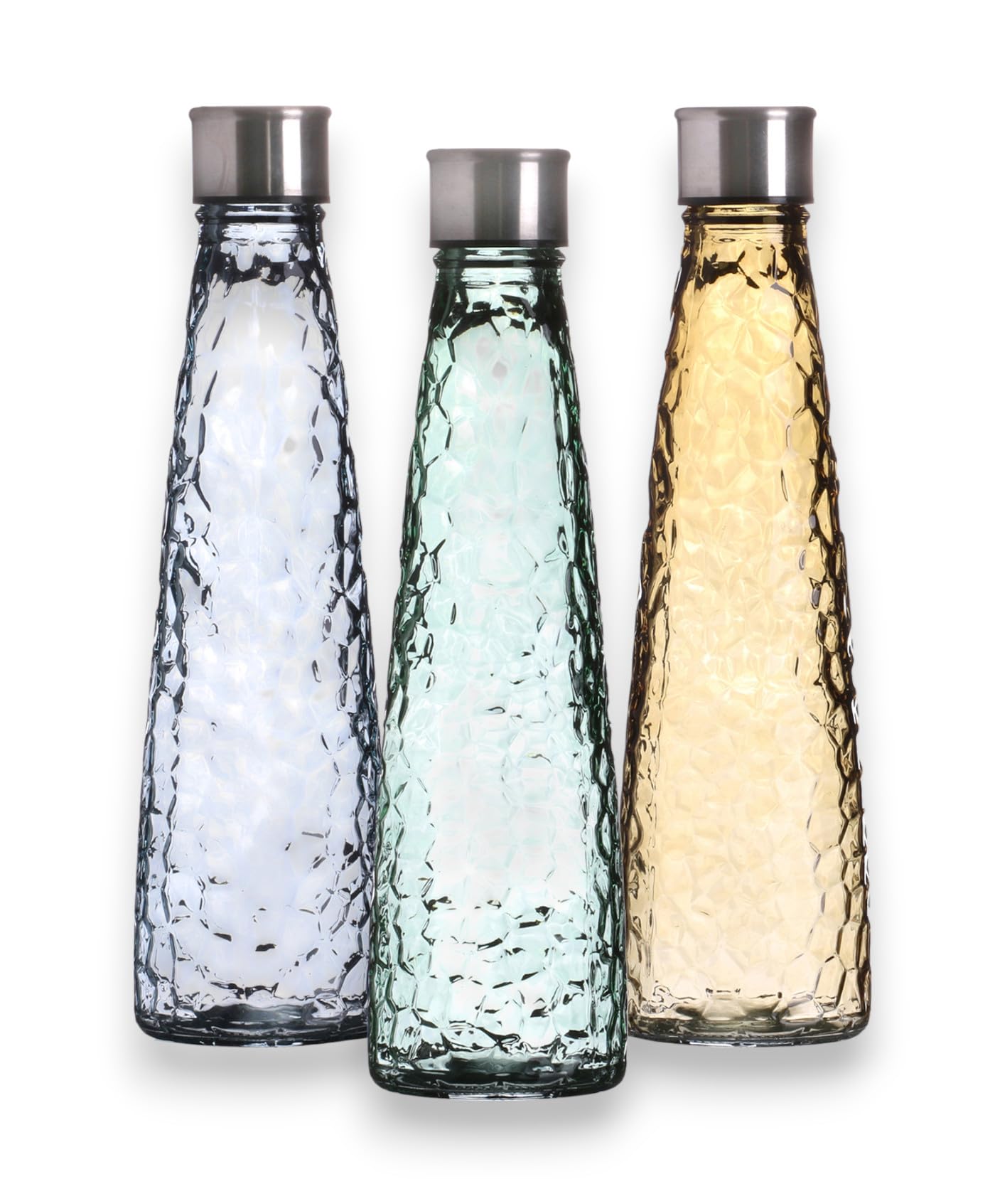 Juego de 3 botellas de agua de cristal vintage de 750 ml, textura de diamante, botellas de cristal de colores con tapa de rosca, botella para agua, zumo y bebidas, colores pastel (azul diamante
