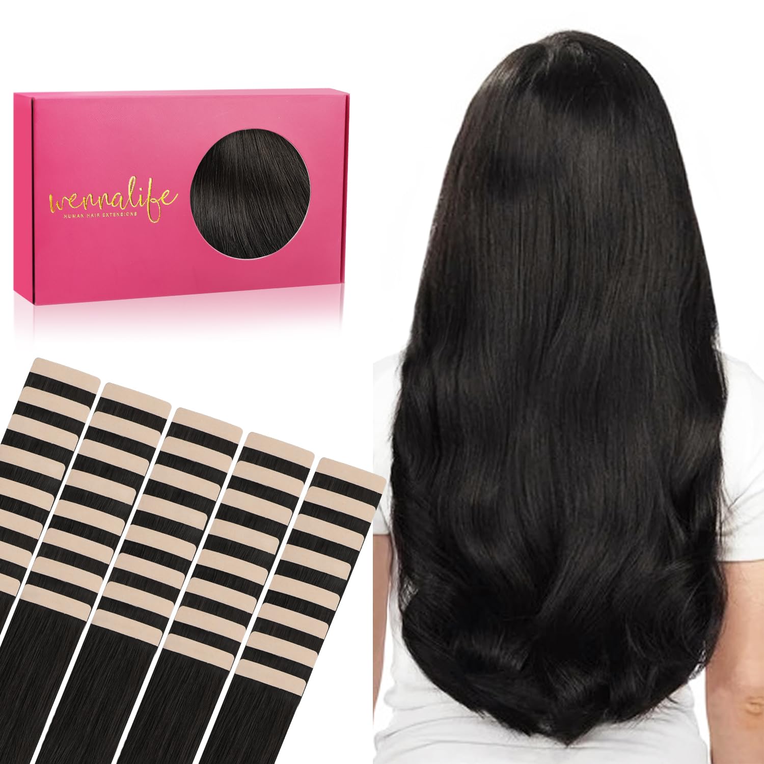 WENNALIFE Tape-In Real Hair Extensions, 40 Pieces, 100 g, 50 cm/20 inches, Natural Black, Human Hair Extensions, Invisible Tape-In Extensions, Silky Straight Tape-Ins