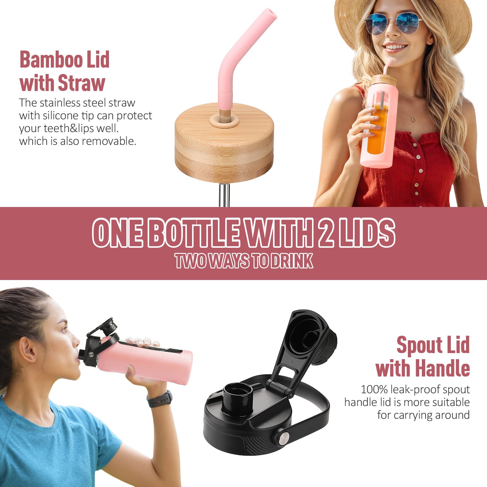 BLUEGO Borraccia in vetro da 600ml con cannuccia e 2 coperchi, tazza da caffè in vetro con custodia in silicone, senza BPA, Rosa