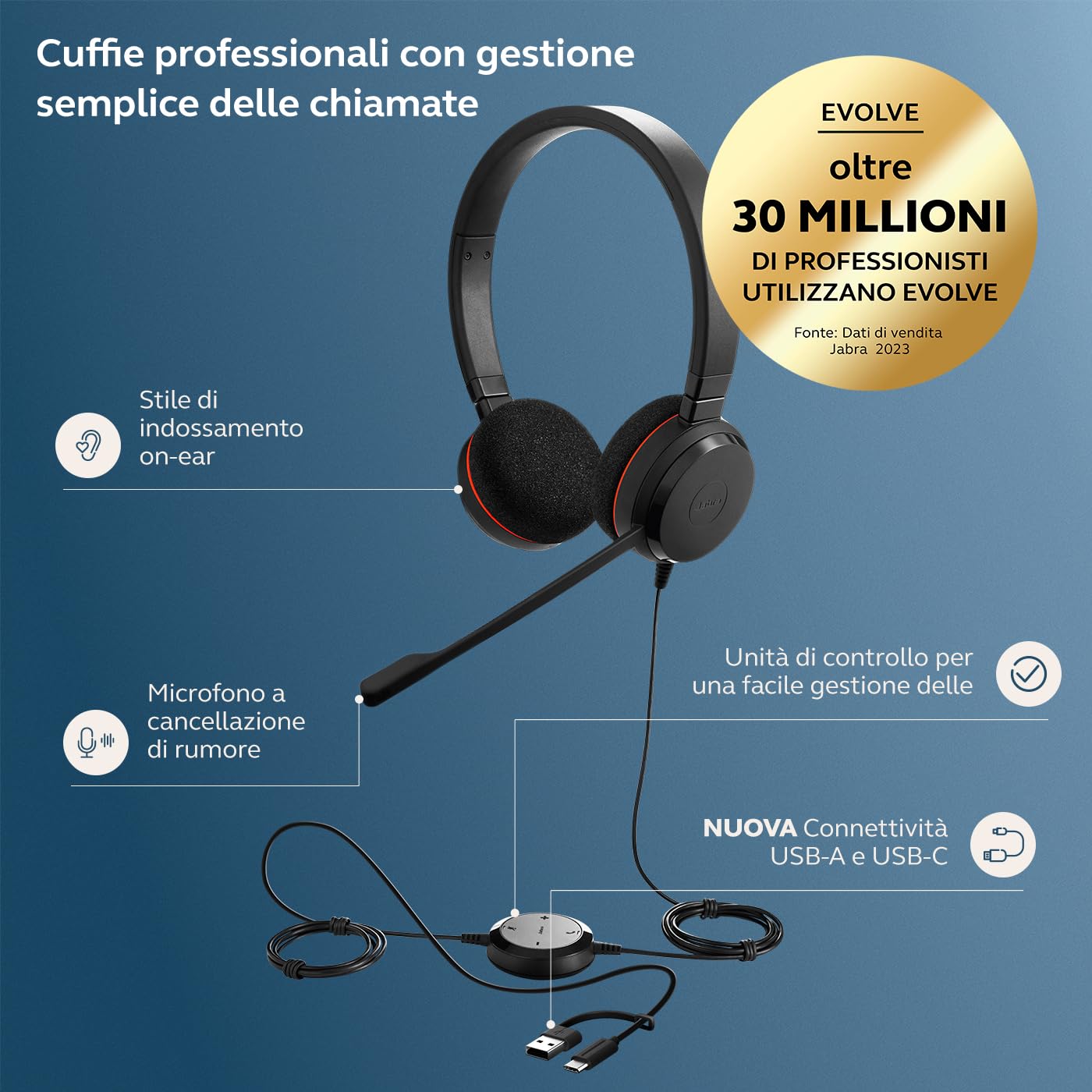Jabra Evolve 20 - Cuffie stereo certificate Microsoft per softphone VoIP con cancellazione passiva del rumore, USB-C/A, colore nero