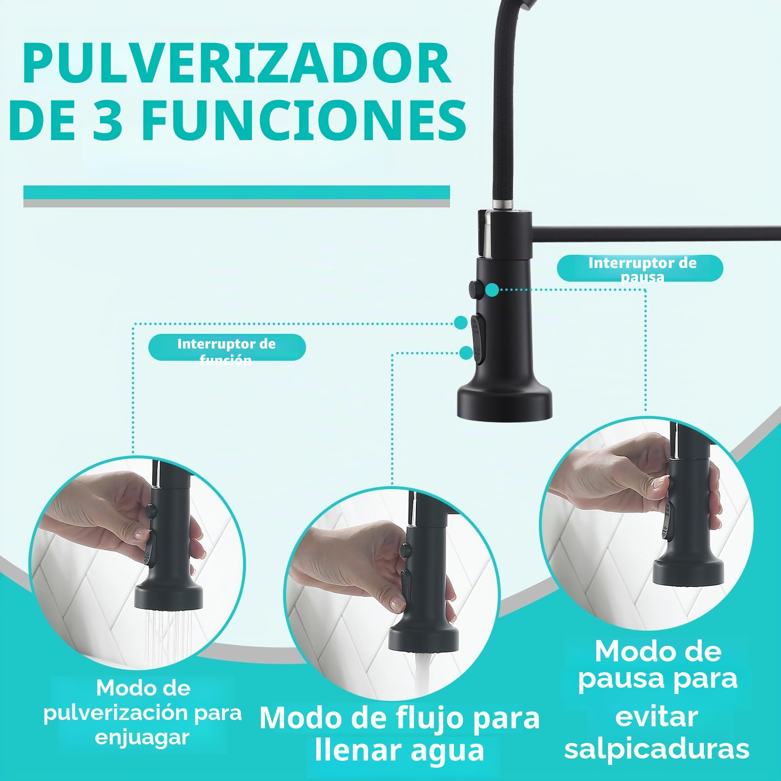 TIMACO Grifo de cocina de 3 vías negro con alcachofa extraíble, grifo de cocina giratorio 360°, mezclador monomando de acero inoxidable, grifo de fregadero con grifo de agua de 3 en 1 para filtro de