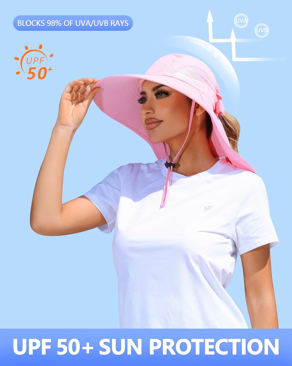 Womens Sun Hat Outdoor UV Protection Wide Brim Fishing Hat with Ponytail Hole Neck Flap for Beach Hiking Camping - Image 2