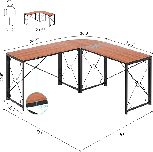 Miniatura 3 de VECELO Escritorio de computadora en forma de L de 59 pulgadas, escritorio esquinero para computadora, mesa resistente para computadora de oficina en