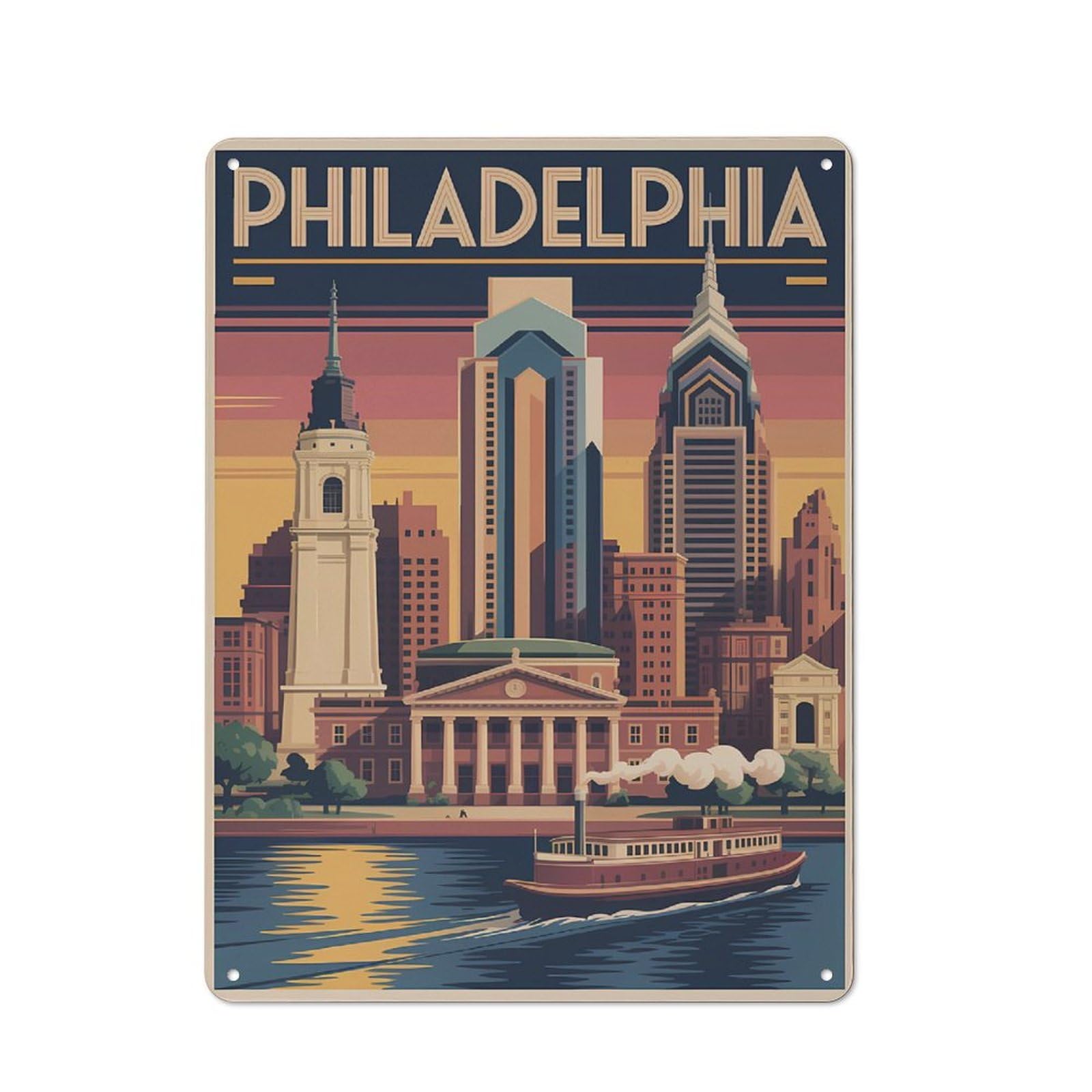 Junmoney Style-15 Metal Sign 40X30cm With Philadelphia Skyline Vintage For Hallway Wall, Retro Decor, Gift For Hallway Decor Lovers During The Christmas Season