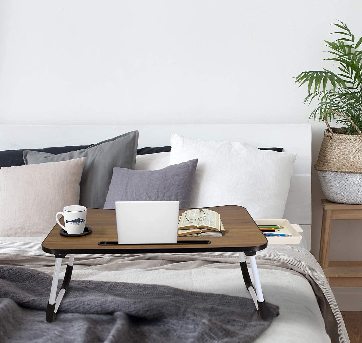 Laptop Bed Table, Portable Laptop Bed Desk with Side Drawers, Laptop Bed Tray Table Reading Holder with Foldable Legs & Cup Slot : Electronics