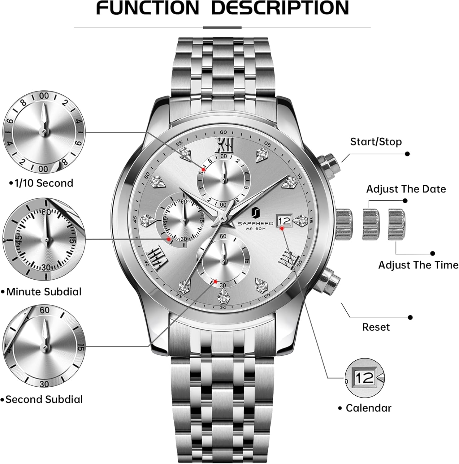 SAPPHERO Round Stainless Steel Watch for Men, 50M Waterproof Luminous Stylish Mens Gift Wristwatch with Date Display and Analog Quartz Design - Image 4