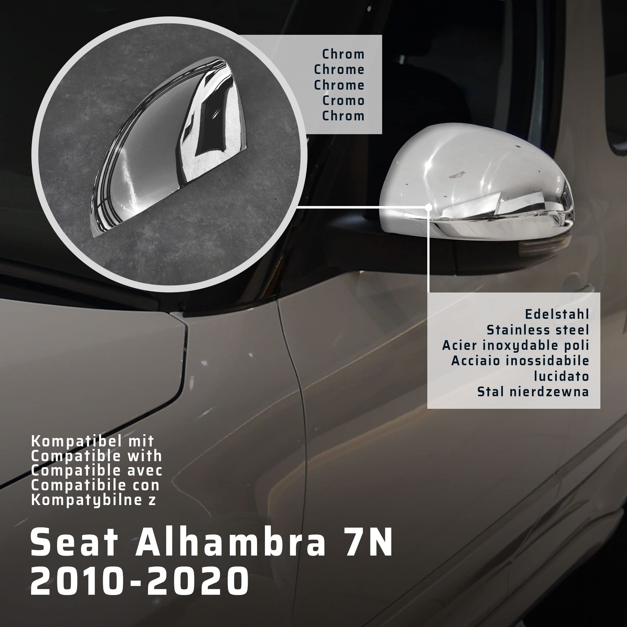CHROMEMASTER | Nakładki na Lusterka Zewnętrzne | Kompatybilne z Seat Alhambra 7N 2010-2020 | Stal nierdzewna; Osłony Lusterek to Niepowtarzalny Wygląd Auta i Ochrona Przed Uszkodzeniem