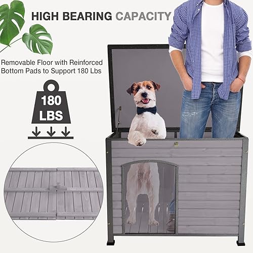 Miniatura 2 de Casa para perros con aislamiento al aire libre para perros pequeños medianos y grandes madera natural con marco de hierro patas elevadas en el techo