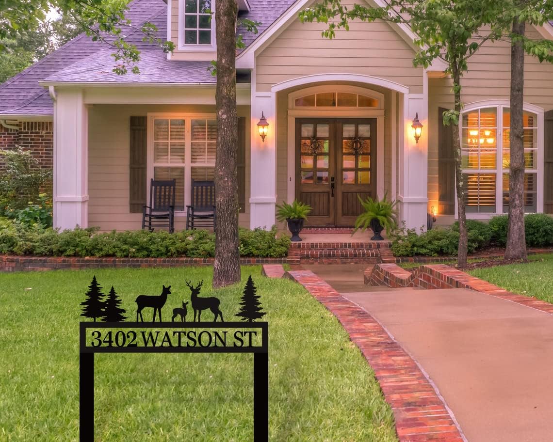 Personalized Metal Address Sign - Yard Display with Pine Trees, House Number Plaque and Stakes