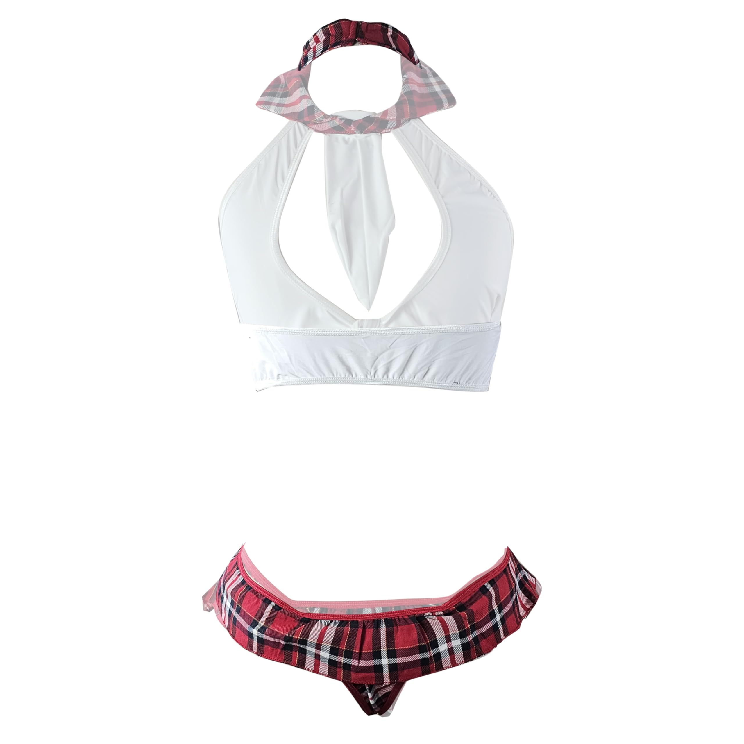 Seductive Schoolgirl Style Halter Lingerie Set with Plaid Ruffle Thong & Collar – 3 Piece Role Play Intimate Wear for Women-image-43