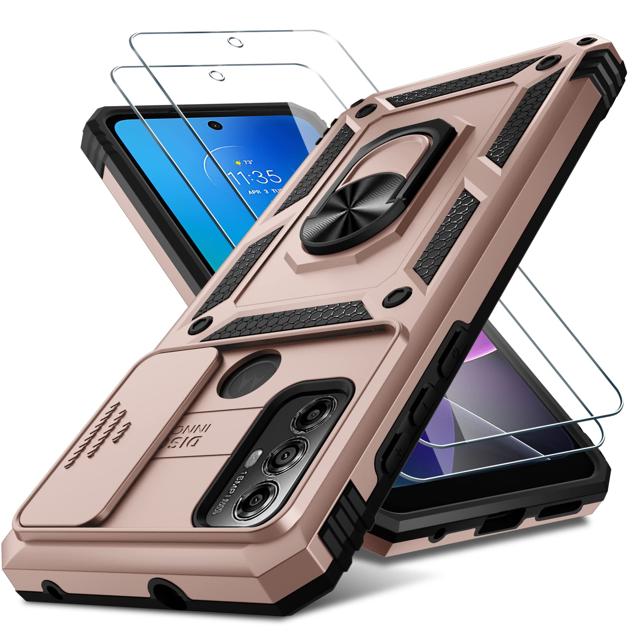 Janmitta Compatible with Moto G Play 2023,G Power 2022/G Pure Case Built in Slide Camera Lens Cover+Screen Protector+Ring Holder,Heavy Duty Shockproof Full Body Phone Cover,Rose Gold