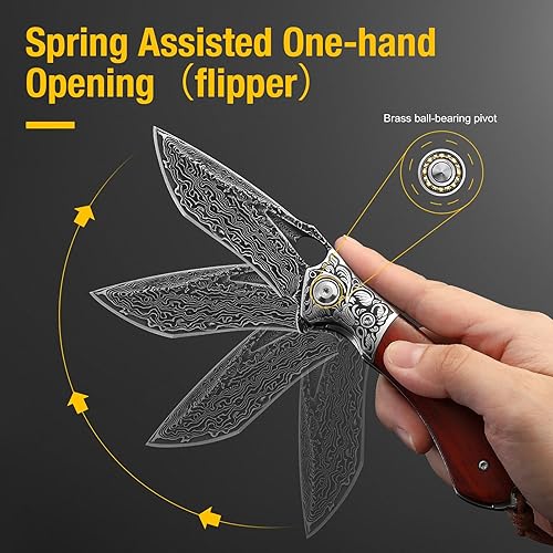 Miniatura 3 de AUGENWEIDE - Cuchillo de bolsillo de acero Damasco para hombre, cuchillo de bolsillo de acero de Damasco con clip y funda, cuchillo plegable de