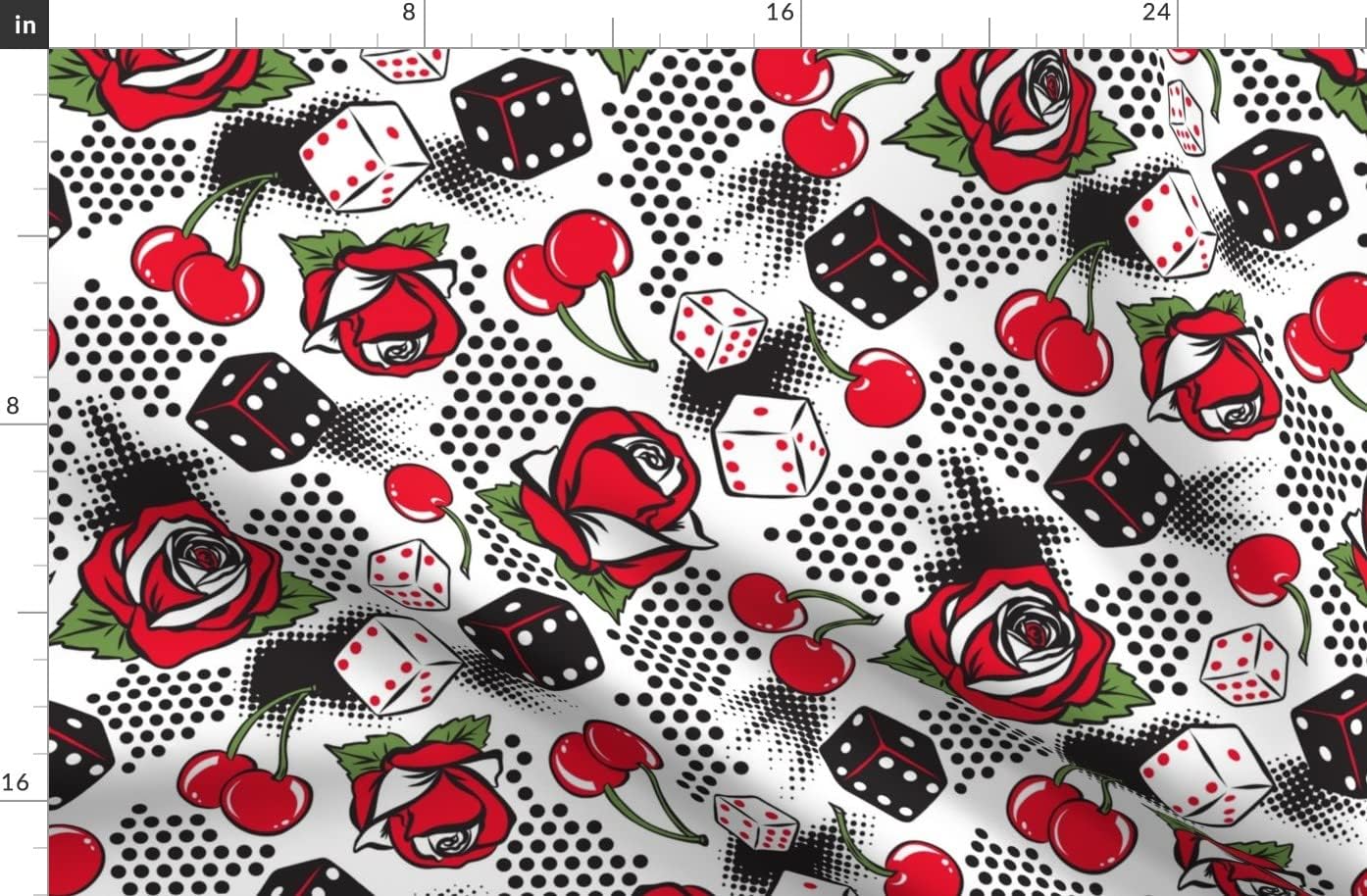 Spoonflower Fabric - Luck White Rockabilly Retro Vintage Rose Floral 1950S Red Novelty Dice Printed on Organic Cotton Sateen Fabric by The Yard - Sewing Quilting Apparel Home Decor