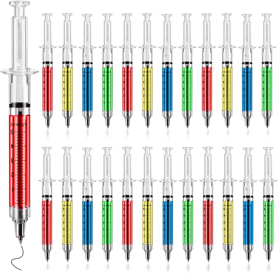 NALACAL Multi-Color Syringe Pen Writes In Black Ink, Nurse pens, Imaginary Doctor Play, Office Supplies Novelty Pens, Nursing School Supplies, Halloween Party Favors (Red, Green, Yellow, Blue, 24PCS)