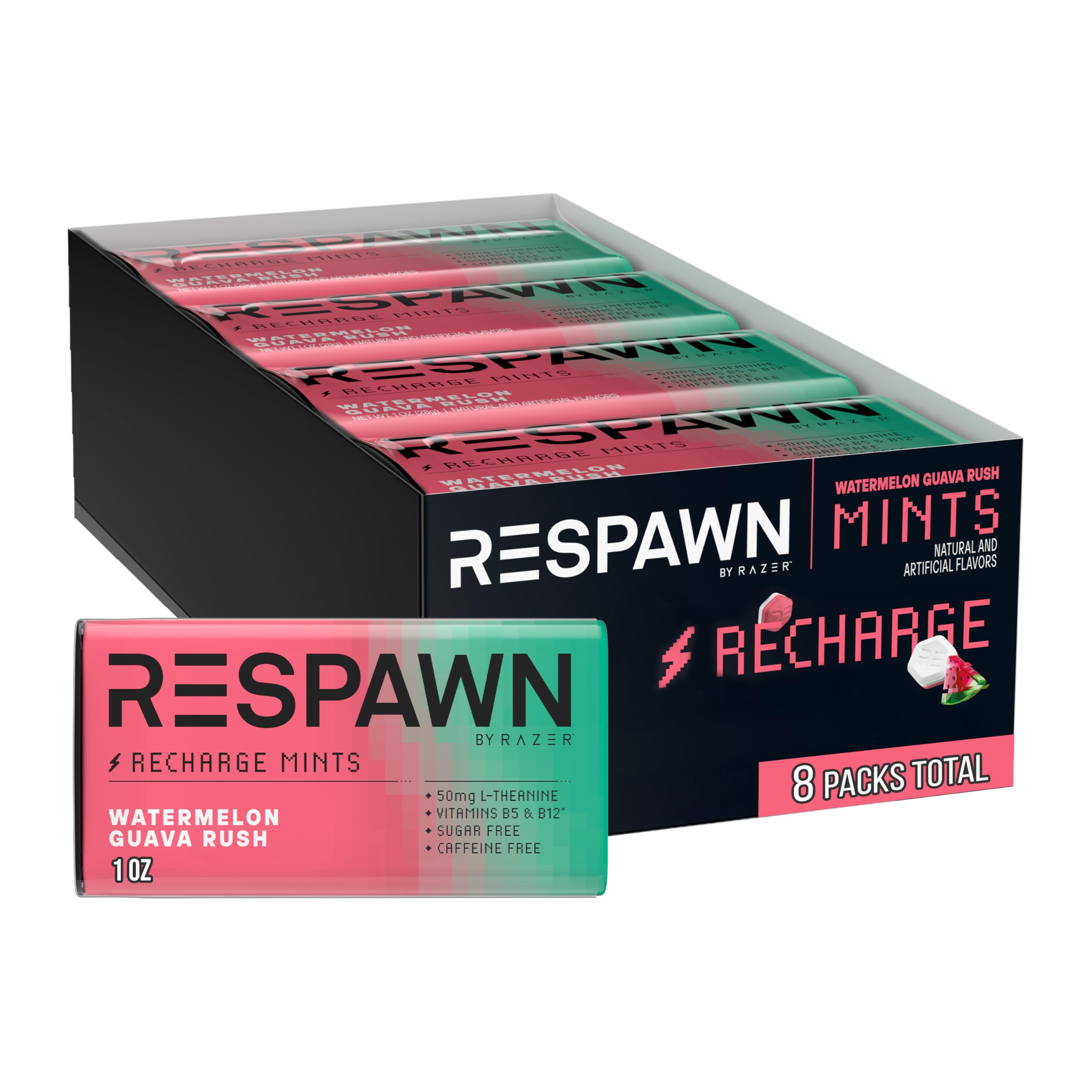 RESPAWN by Razer RECHARGE​ Menta de sandía y guayaba sin azúcar, paquetes de 28 g, 8 unidades