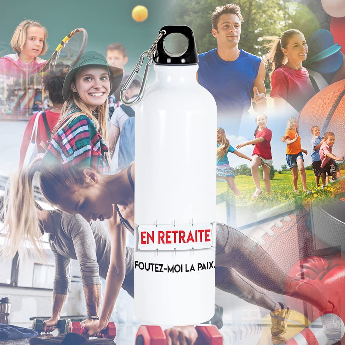 Gourde 750ml Retraite Bouteille d'Eau Aluminium Réutilisable Ecologique avec Mousqueton. Idée Cadeau Original Humour Homme Femme Collègue Mutation Pot Départ Sport Voyage Bureau Anniversaire Noël