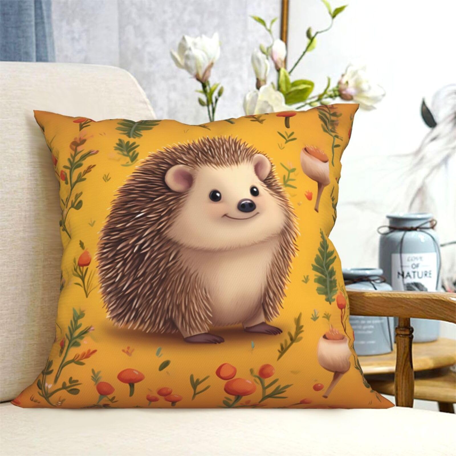 Fodpand Black Decorative Throw Pillow Covers 20"X20" Hedgehog Cushion Cases Square Modern Farmhouse Pillow Cases Soft Cozy Cushion Covers For Couch Sofa Bedroom Home Decor Pillowcase