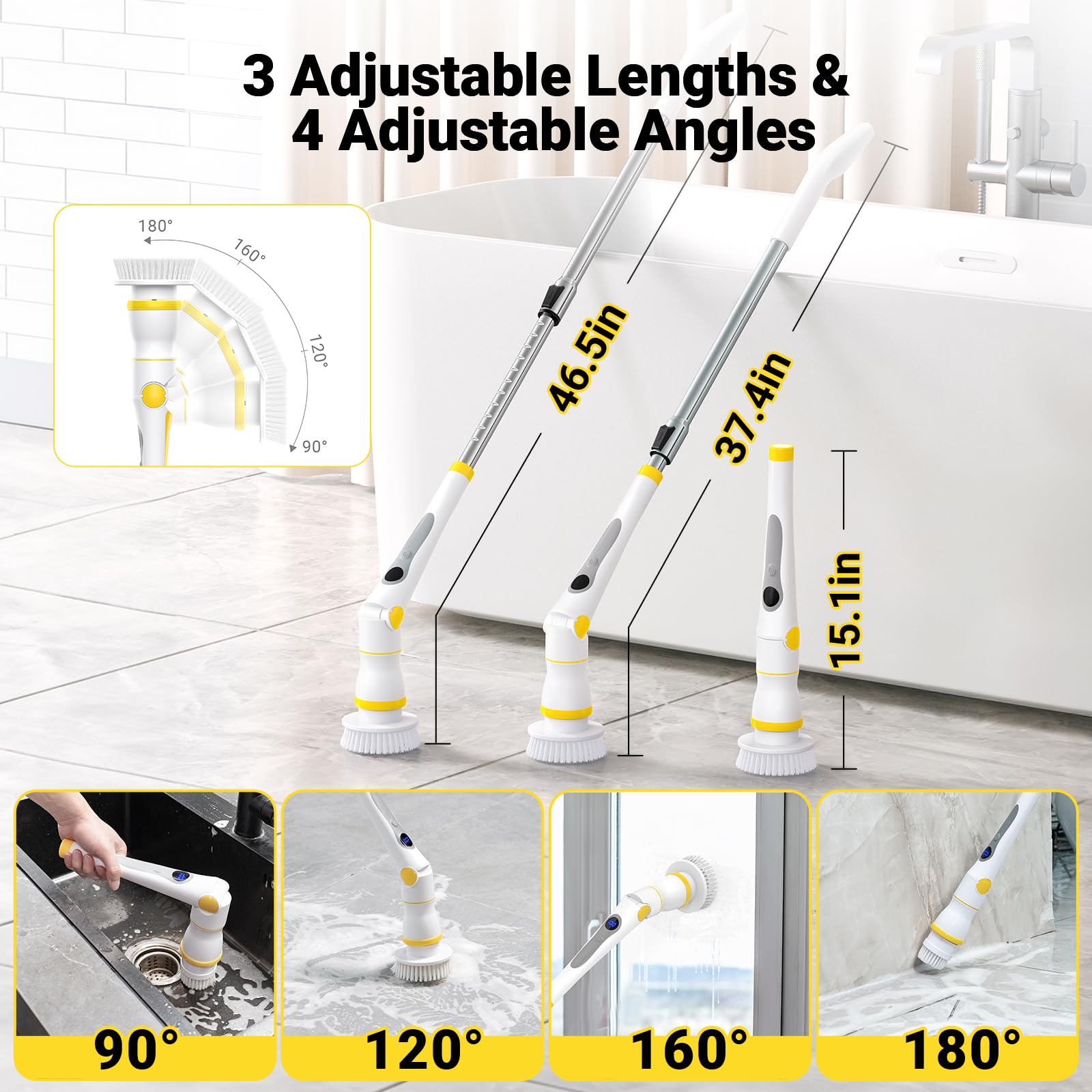 Electric Spin Scrubber, Cordless Cleaning Brush with LED Display, 4 Adjustable Angles, 3 Speeds, 2H Runtime, Adjustable Handle, 5 Brush Heads for Bathroom Tub Kitchen Tile Floor Car