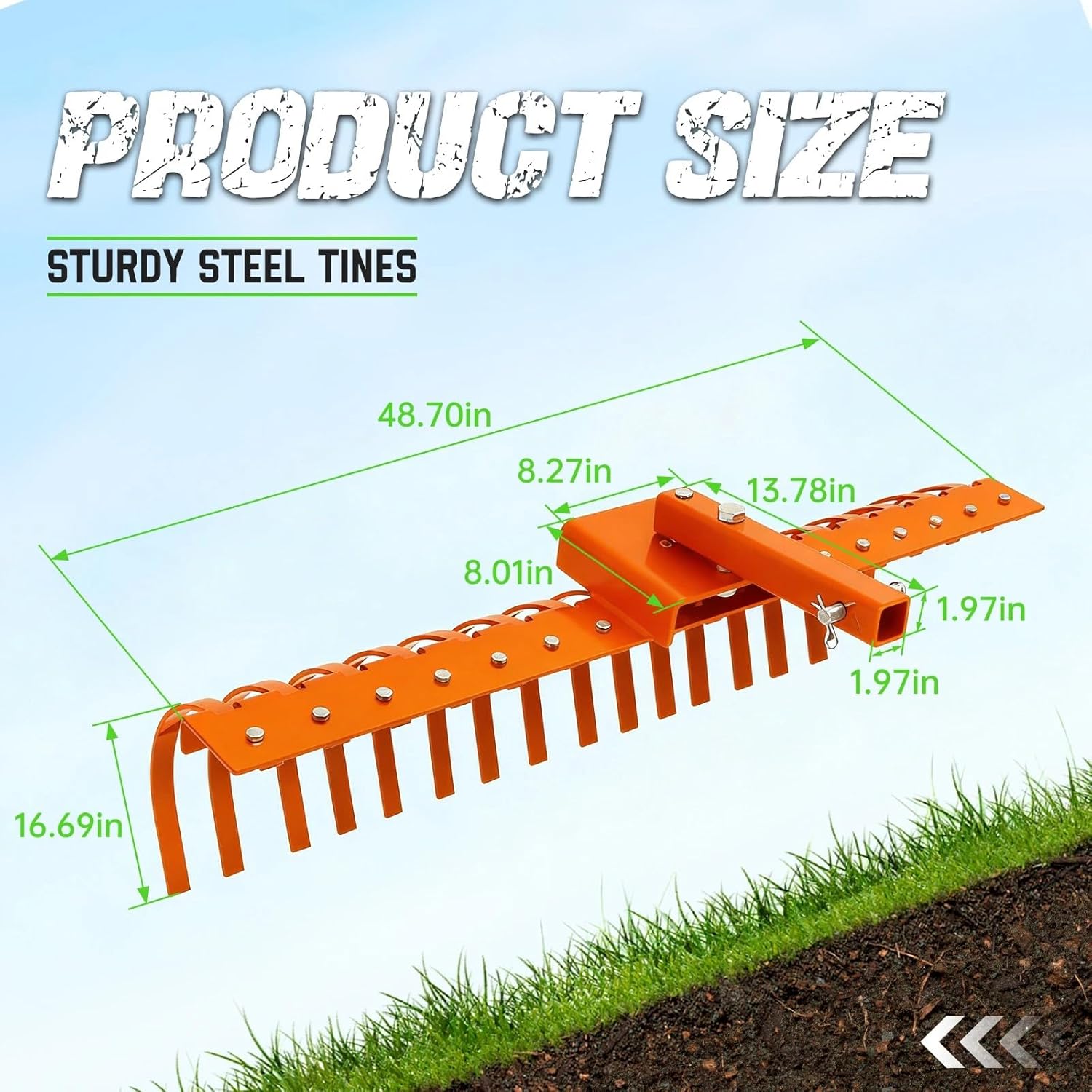 48" Landscape Rake with Sturdy Steel Tines, for 2" Receiver Tractor ATV/UTV, Rock and Pine Straw Rake