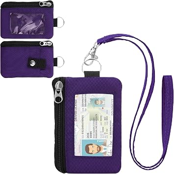 Minimalist Small Wallet for Men Women with 2 Zip Pockets, Multi Functional ID Case with Keychain and Card Holder, Coin Purse Badge Lanyard Pouch for Boys Girls Travel - Dark Purple