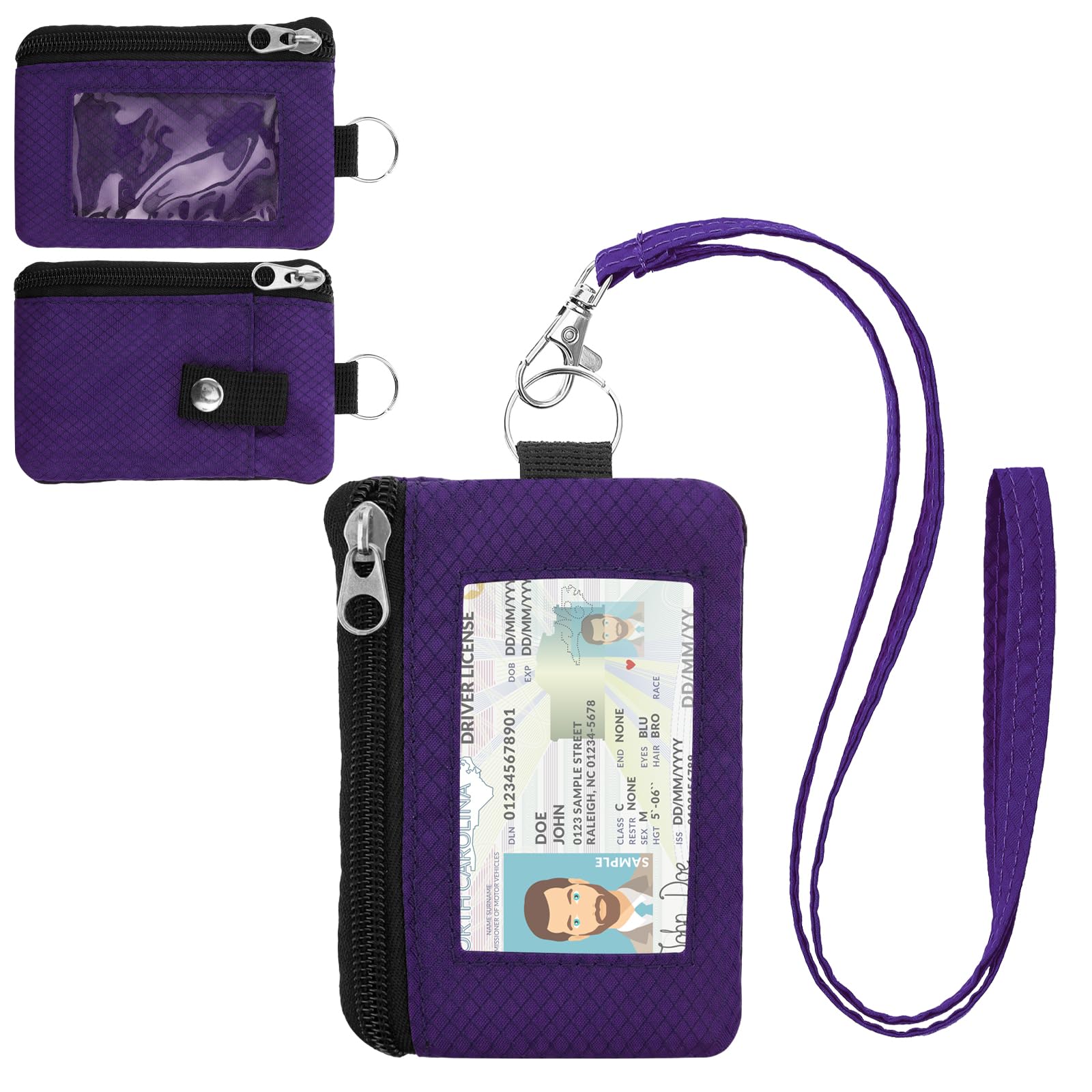 Minimalist RFID Wallet with Lanyard, Multi-functional ID Case with 2 Zipper Pockets and Key Chain for Men and Women, Tactical Badge Pouch Cards Holder, Coin Purse for Travel Sports - Dark Purple