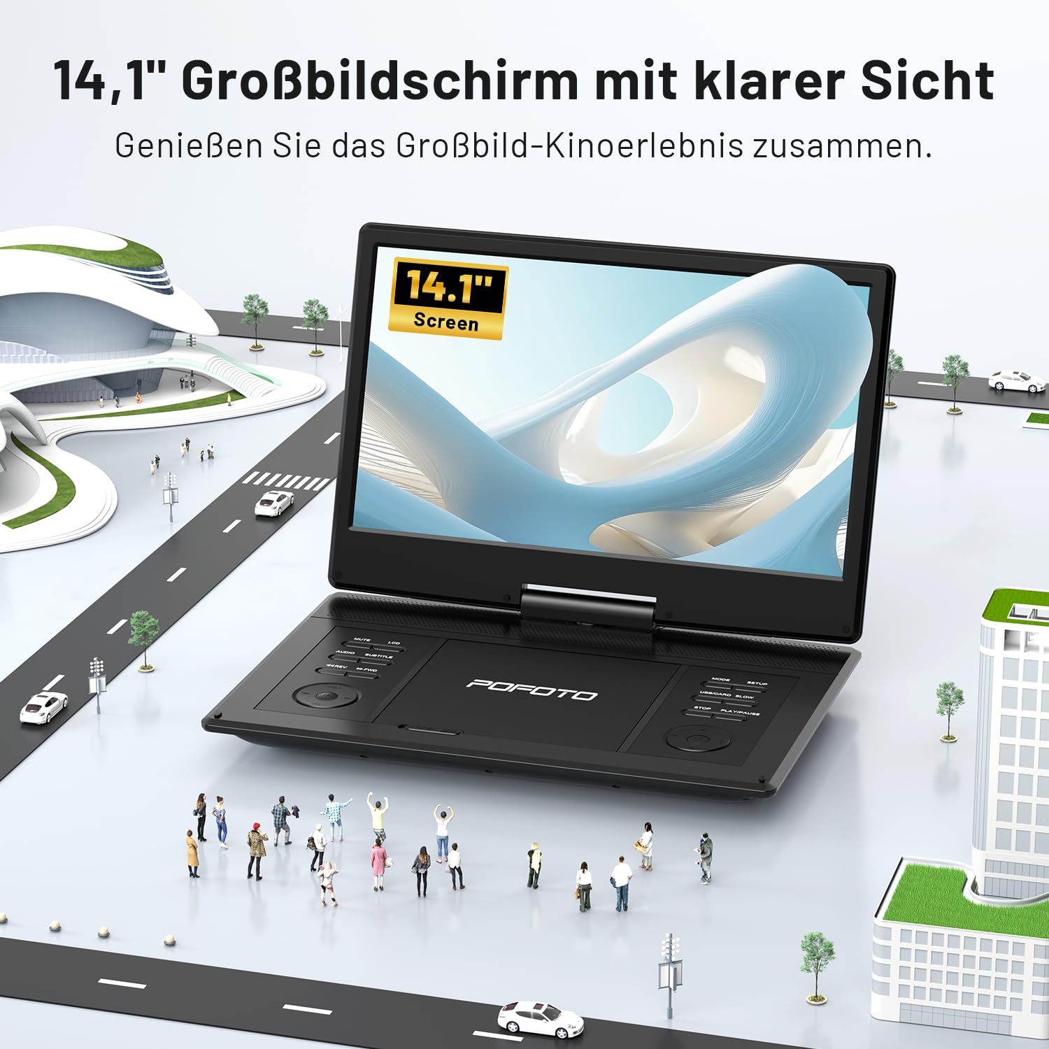POFOTO 15,7" Tragbarer DVD-Player mit 14,1" HD-Schwenkdisplay, 6h Akkulaufzeit, Zonenfrei, Unterstützt Mehrere Formate/SD/USB, TV/Beamer-Anschluss, Stereo-Lautsprecher, Speicherfunktion, Schwarz