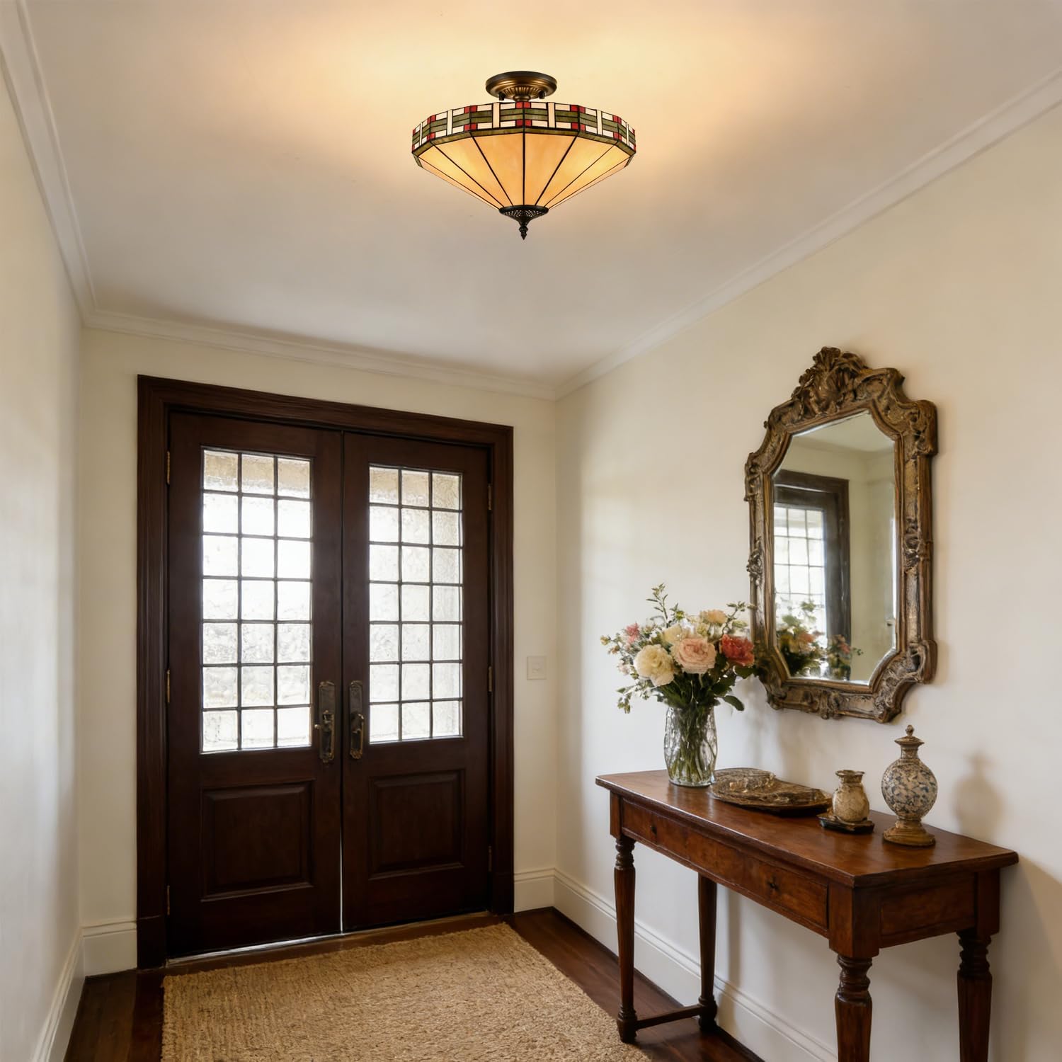 HYDELITE Tiffany Style Ceiling Light Vintage Stained Glass Chandelier 3-Light Semi Flush Mount Antique Close to Ceiling Light for Hallway Dining Room Bedroom Foyer Living Room