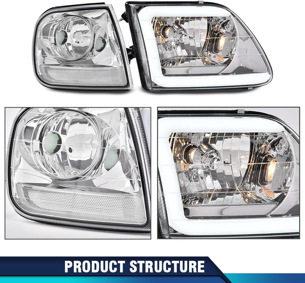 PIT66 LED DRL Headlight Assembly w/Corner Parking Lights Compatible with 1997-2003 Ford F150 /2004 F150 Heritage/Fit 1998-1999 F250 /Fit 97-02 Expedition Clear Lens Clear Reflector