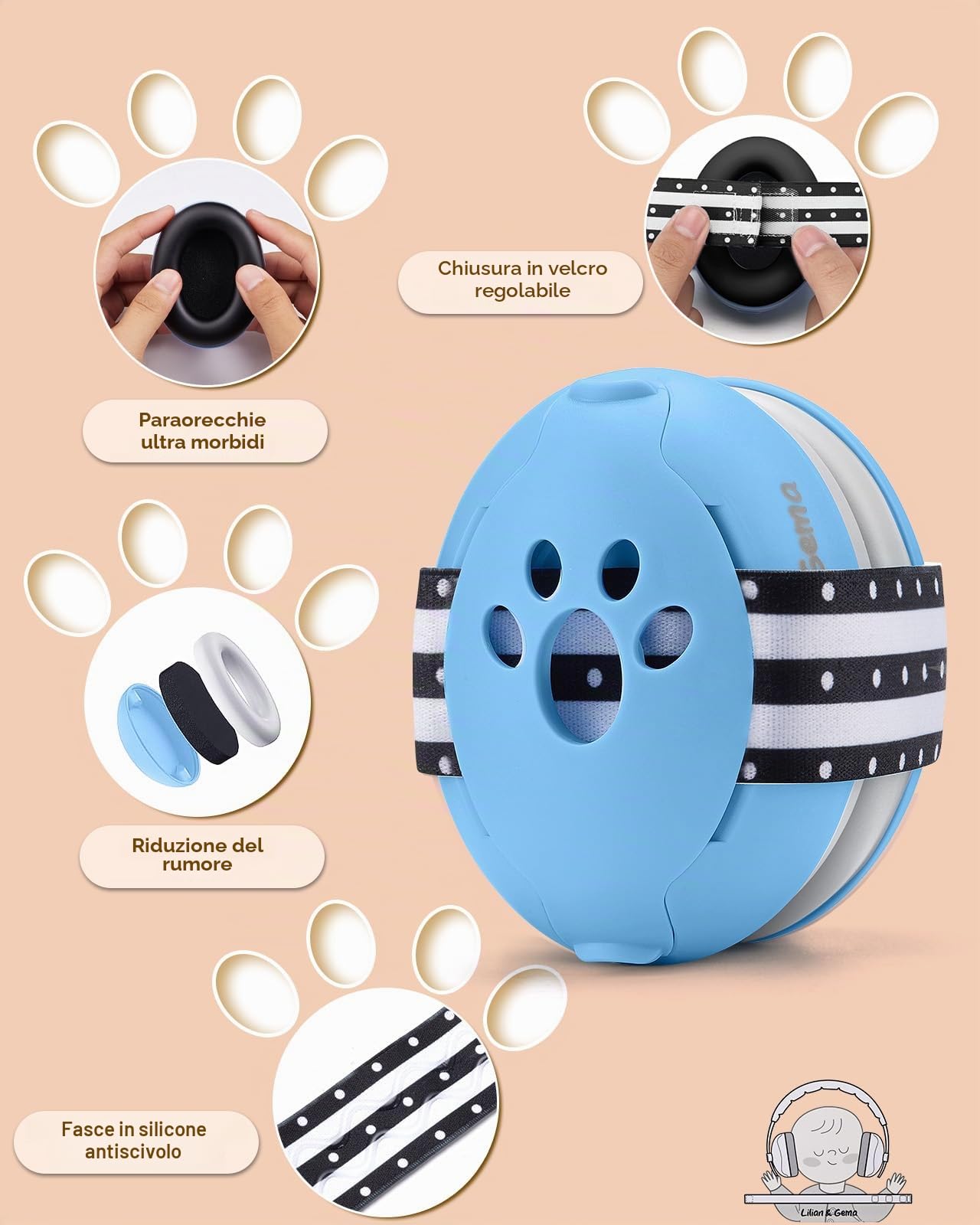 Lilian&Gema Casco Anti Rumore 2 in 1, Confortevole e Regolabile per Bambini fino a 48 Mesi, Ideale per Sonno e Attività