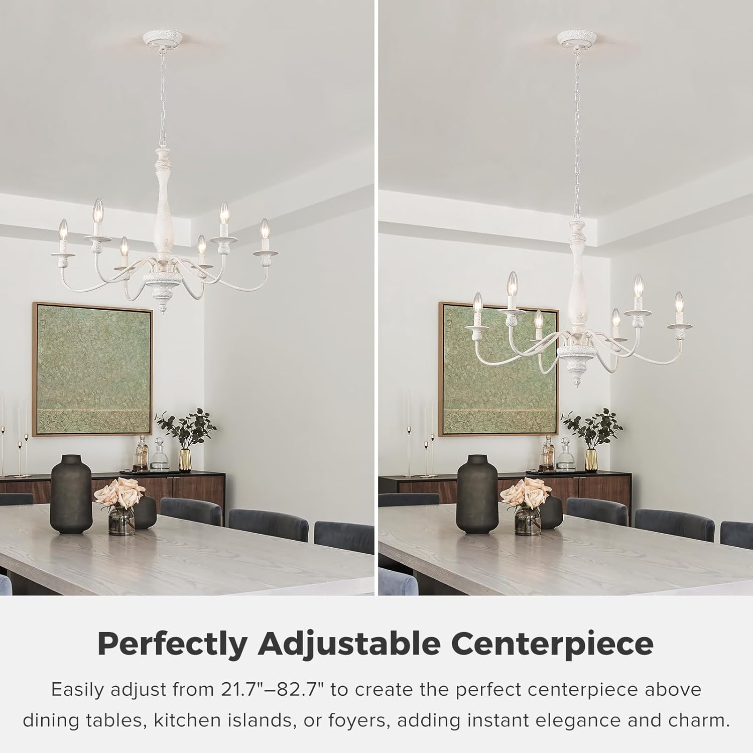 6-Light French Country Chandelier 28" Farmhouse Dining Room Light Fixture, Antique Wood Distressed White Chandelier, Rustic Hanging Ceiling Lighting Fixtures for Foyer Living Room Bedroom Entryway