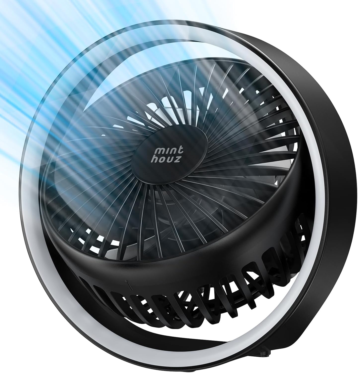 Minthouz Portable Desk Fan 180° Rotation USB Rechargeable Battery Operated Silent Hanging Hook 1800mAh 3 Speed 3 Light Mini Fan for Home Office Outdoor Black