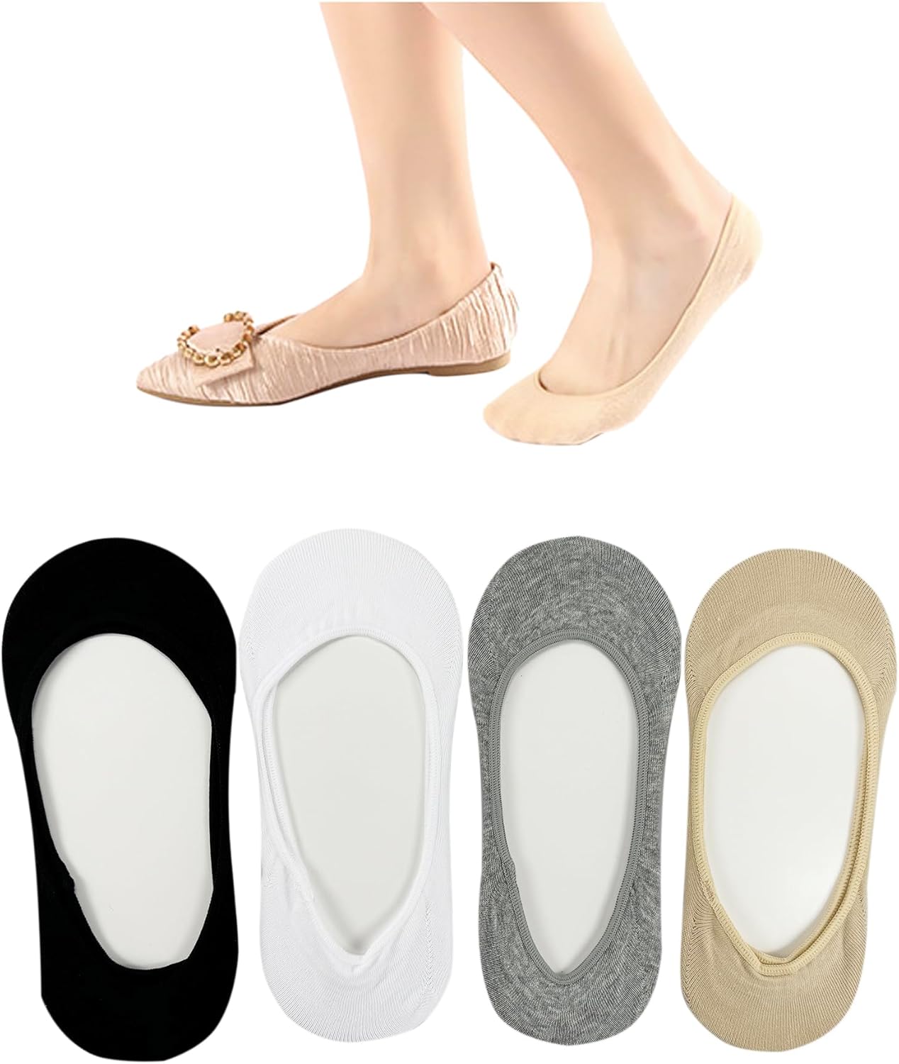 Bestjybt No Show Socks Women Ultra Low Cut Socks Cotton Seamless Non Slip Invisible Liner Footies for Flats 4 Pairs