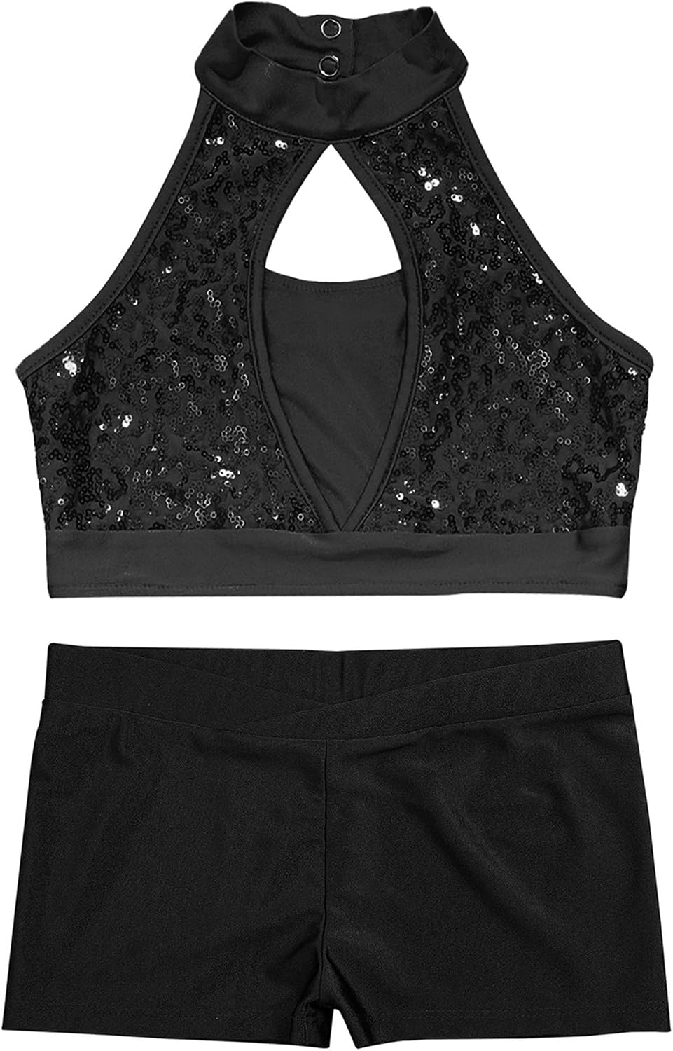 Hularka Kids Girls Gymnastics Dance Outfits Hollow Front Sequin Ballet Dance Crop Top with Shorts Set Dancewear