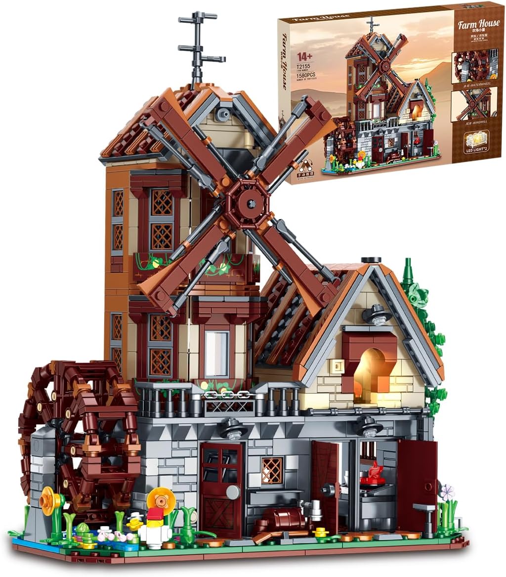 Medieval Windmill Farm Cabin Building Set with Rotating Windmill & Waterwheel LED Lights, Modular Architecture Model for Adults and Viking Village Fans 1436 Pcs