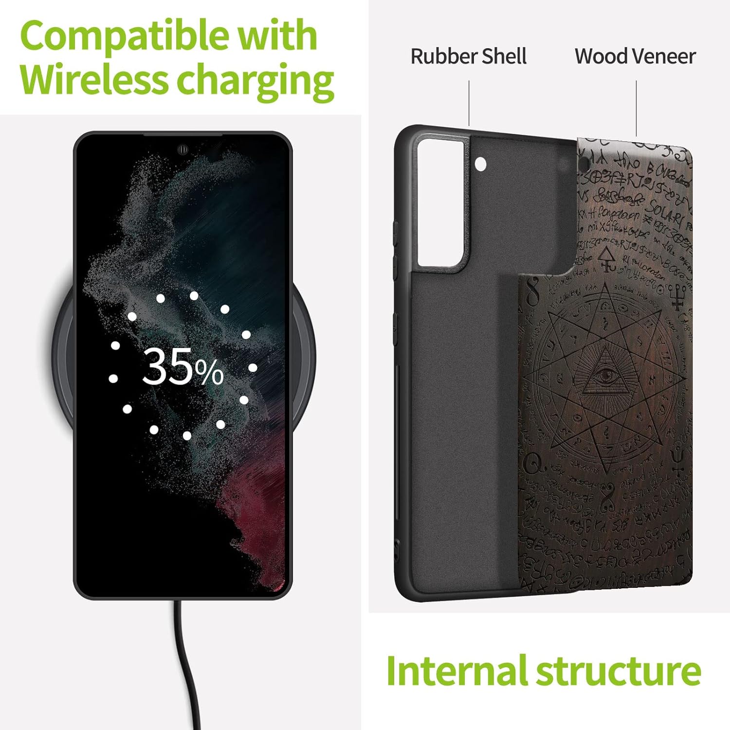 Carveit Wood Case for Galaxy S21 FE Case [Natural Wood & Black Soft TPU] Shockproof Hybrid Protective Unique Wooden Cover Compatible with Samsung S21 FE 5G (All-Seeing Eye-Blackwood)