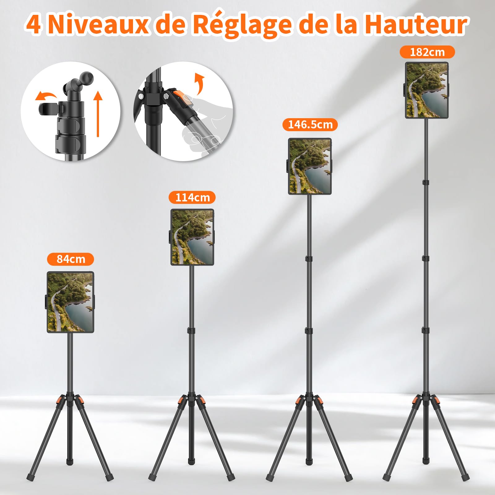 XXZU 182CM Support de Trépied pour Tablette, Trépied pour Téléphone Rotatif à 360° Support Tablette Lit Réglable en Hauteur Pliable pour Regarder/Diffuser en Direct Compatible avec Tablette Téléphone