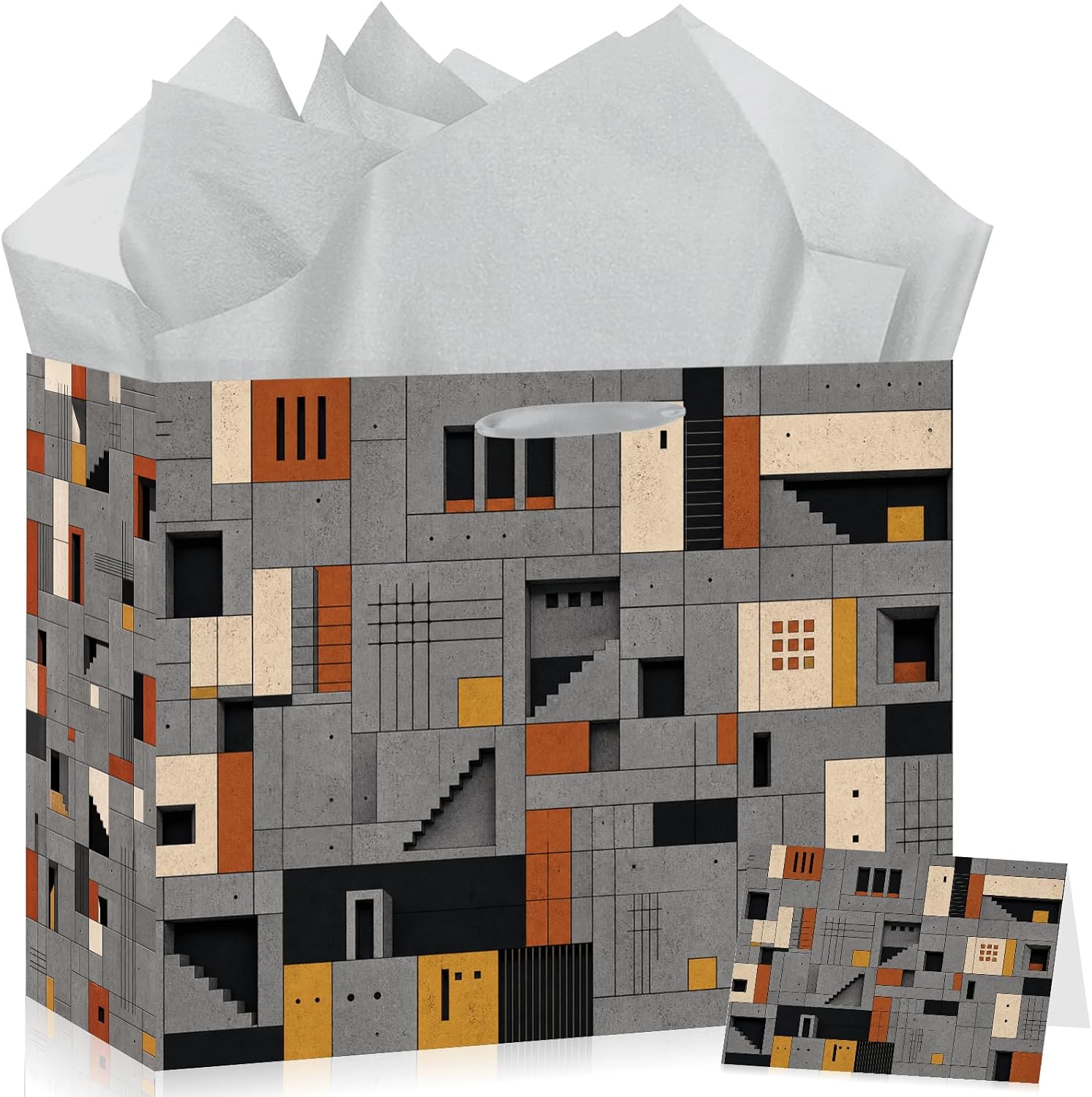 Hkshaoda Modern Geometric Gift Bag Large Abstract Building Wrapping Paper Bag with Greeting Card for Birthday Graduation Housewarming Architect Inspired Party Gift Wrap