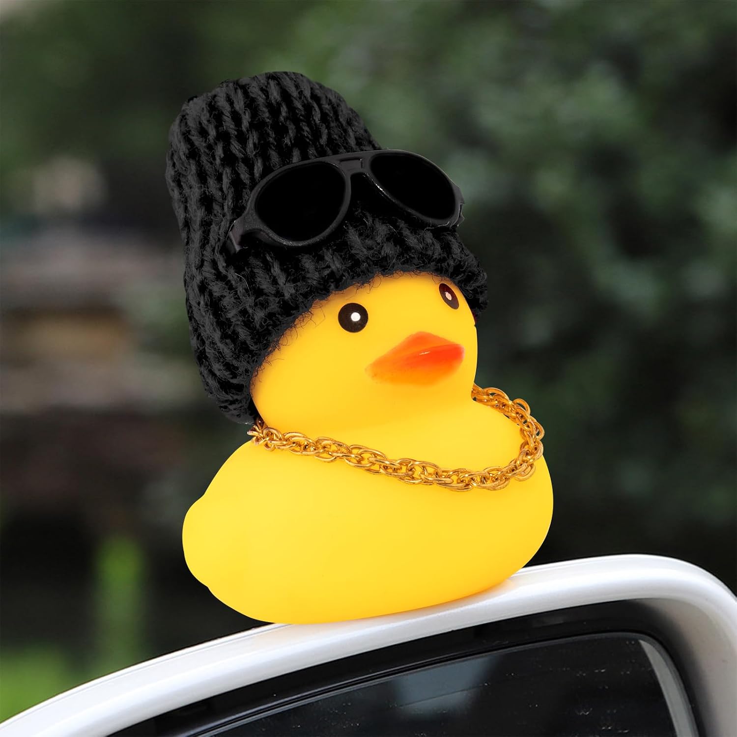 wonuu Car Rubber Ducks with Top/Knitted Hat Sunglasses Necklace for Cars Dashboard Decorations Car Accessories Duck Ornament, Black+Black
