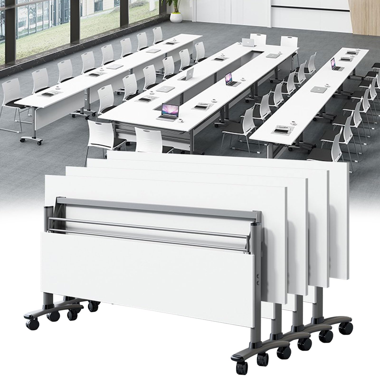 Tavolo da conferenza Pieghevole Moderno con Ruote, Rettangolare, Pieghevole e Mobile, Ideale per riunioni in Ufficio, Sale Formazione e aule Scolastiche.