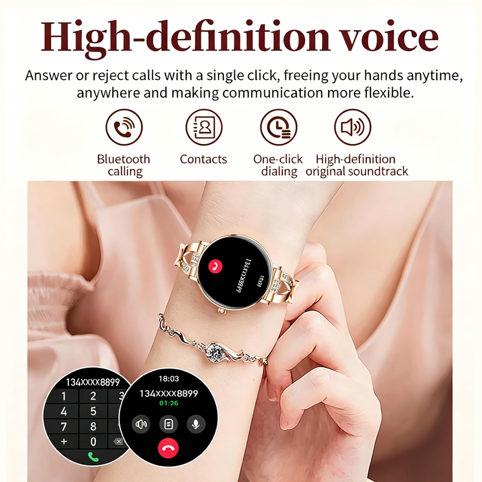 Reloj inteligente para mujer de 1,32 pulgadas, AMOLED, reloj inteligente, redondo, 7,5 mm, pantalla fina, reloj de pulsera de fitness, reloj con función de teléfono, pulsómetro, presión arterial
