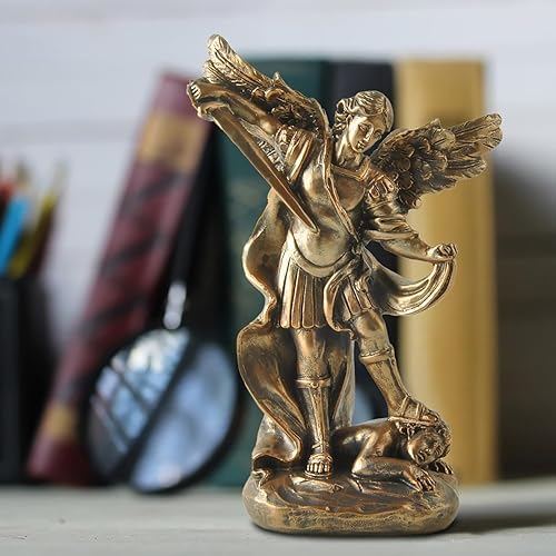 Miniatura 5 de Estatua de San Miguel Arcángel  Figura de resina con acabado de bronce de 5.32 pulgadas, ángel guerrero católico derrotando el mal, decoración