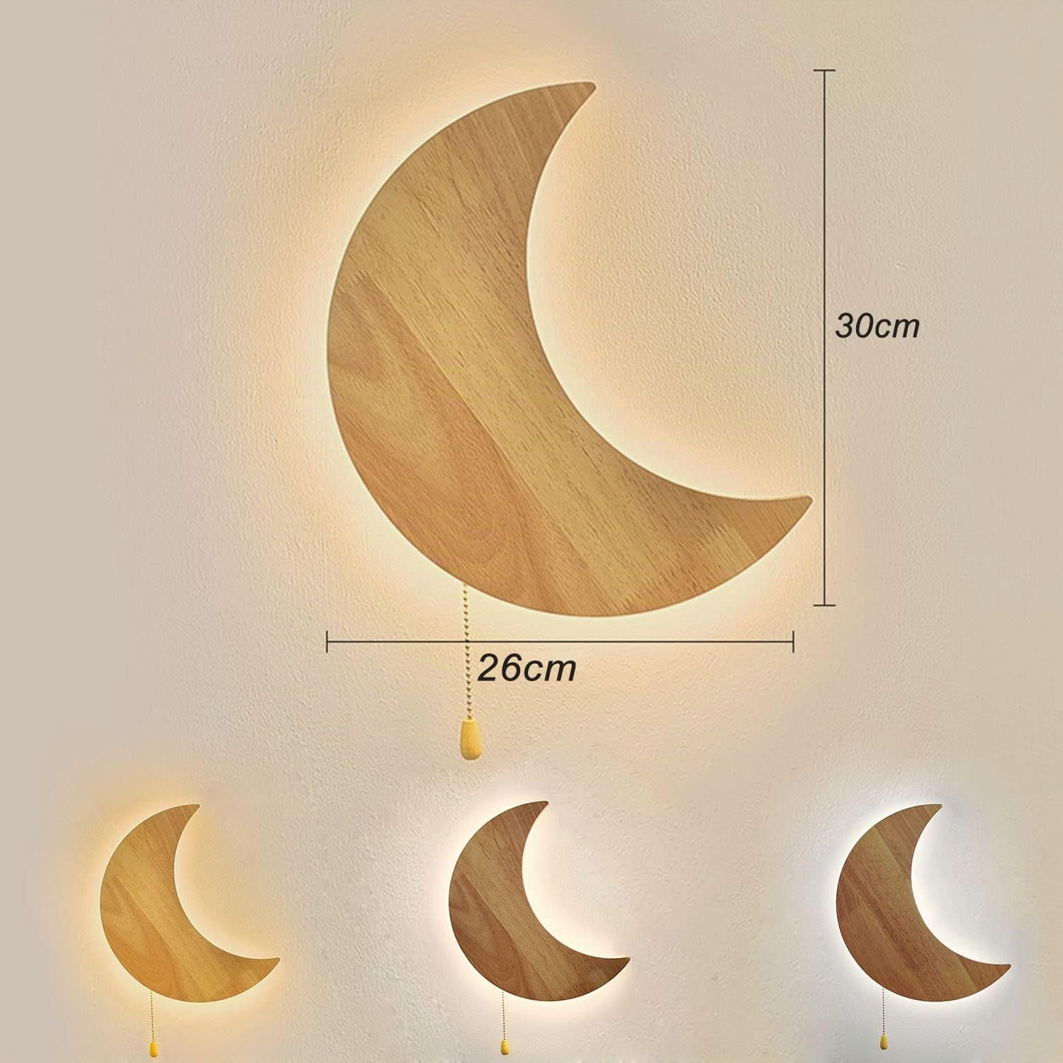 Applique da Parete in Legno a LED Luna Con Interruttore 12W - Lampada Dimmerabile 3 Colori per Bambini, Comodino, Notte - Forma di Luna per Camera da Letto
