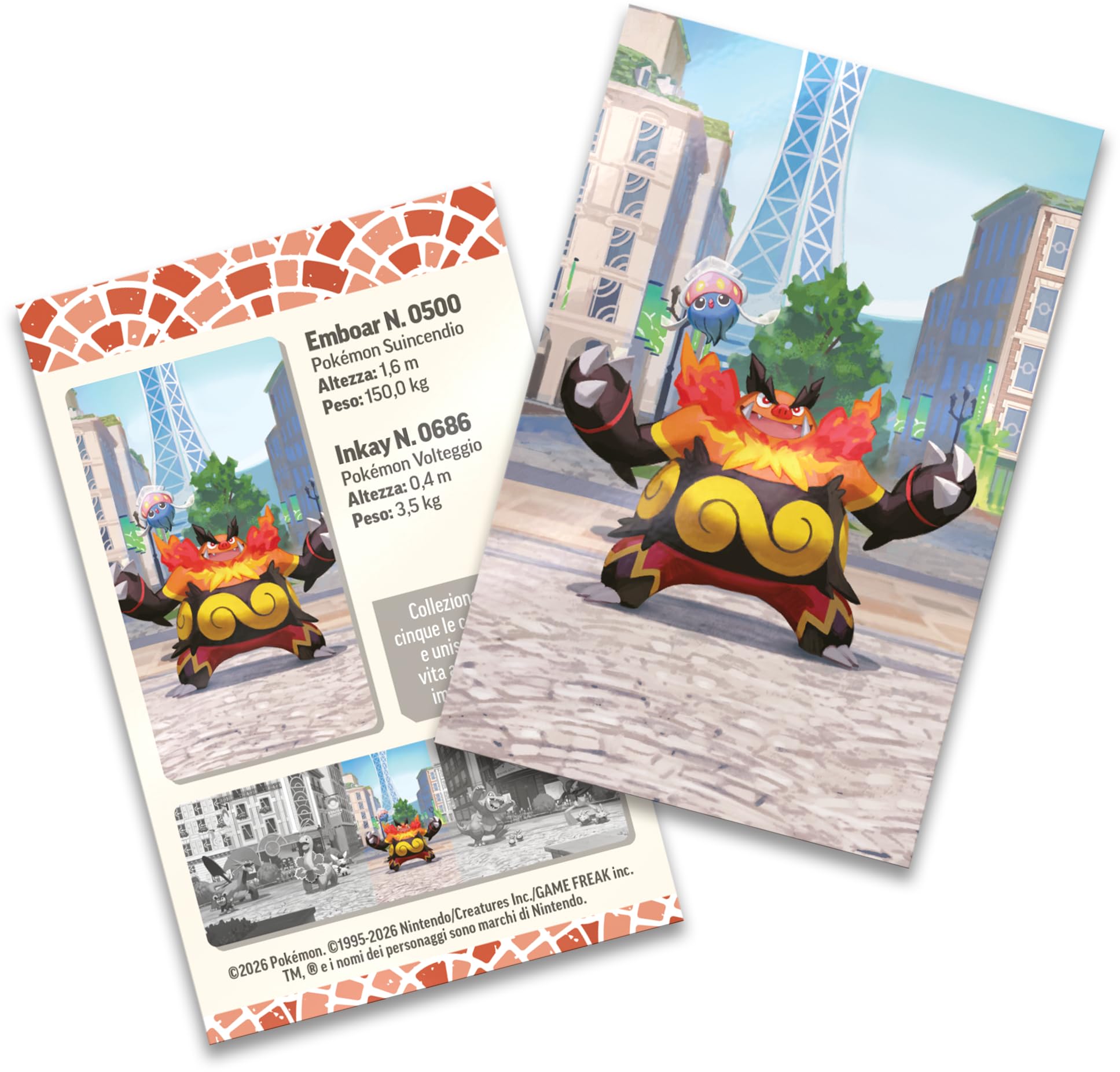 Pokémon: miniscatola da collezione Luminopoli (Emboar e Inkay) del GCC Pokémon (2 buste di espansione, 1 carta con l’illustrazione Pokémon della miniscatola e 1 foglio di adesivi), Ed. Italiano