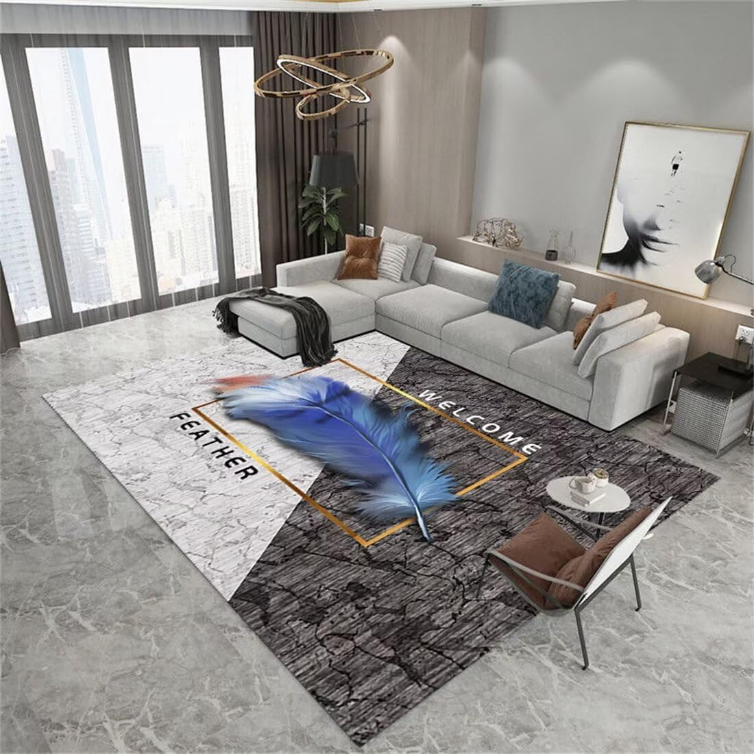 Tapis de jeu pour bébé et salon bleu plume 80x160cm sur mesure