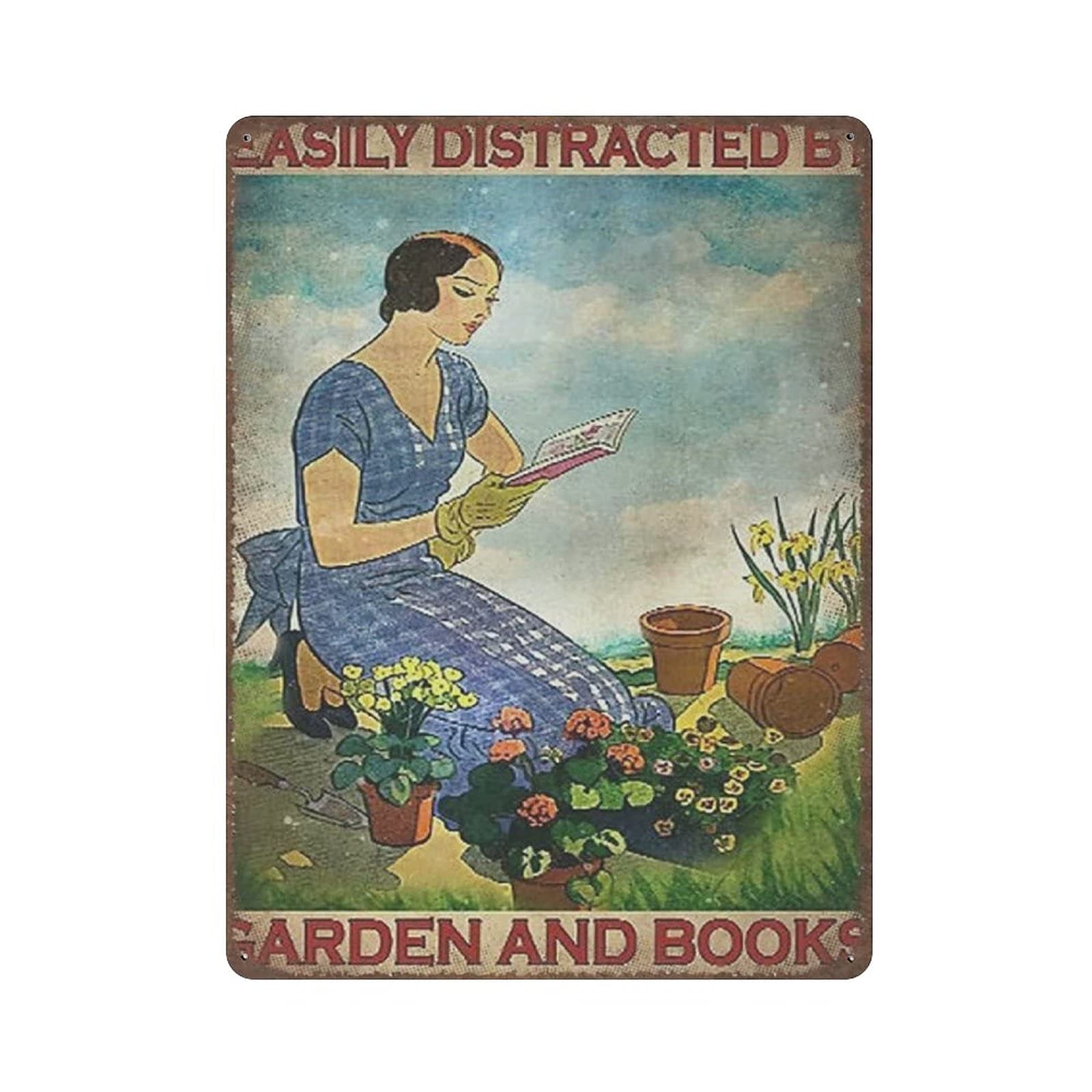 Easily Distracted By Garden and Books Metal Signs, Fun Poster For Bar Kitchen Cafe Farmhouse Wall Decor 12x16 inch